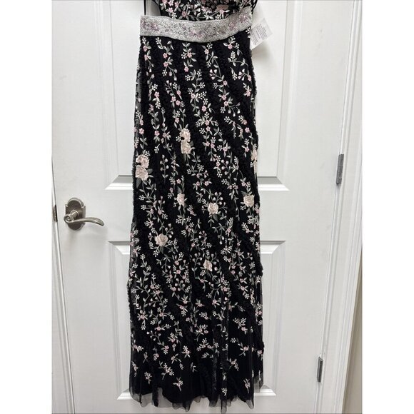 New Mac Duggal Size 4 Black Floral Embroidered Ruffle One Shoulder Lace Up Gown - Picture 7 of 11